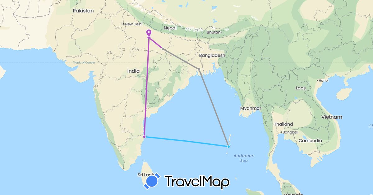 TravelMap itinerary: driving, plane, train, boat in India (Asia)